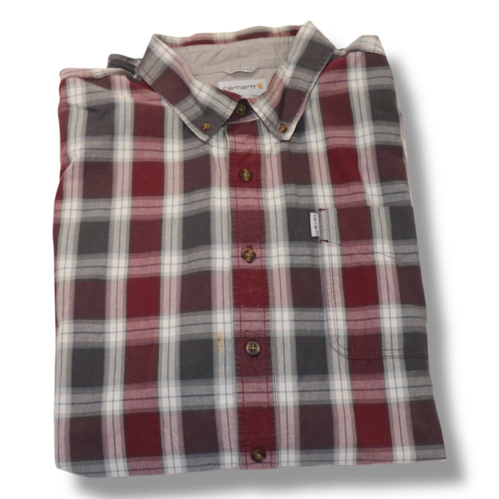 Carhartt Mens Plaid Long Sleeve Button Down Shirt Maroon Grey White XXL